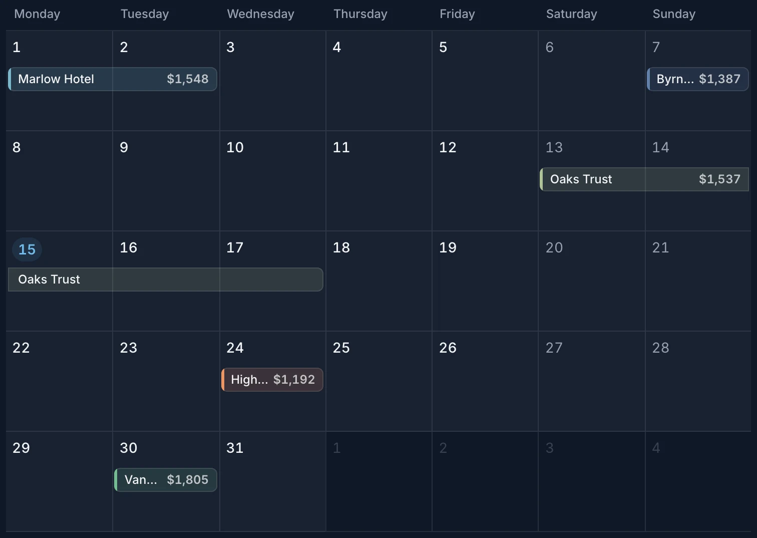Tideplan calendar: booked and free days across the month, with each day's jobs.