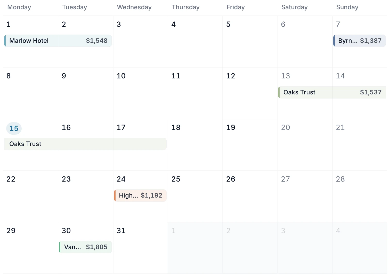 Tideplan calendar: booked and free days across the month, with each day's jobs.